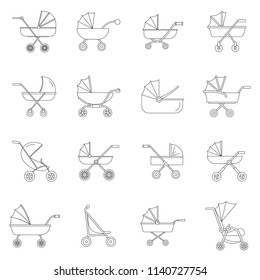 Pram stroller carriage cradle buggy icons set. Outline illustration of 16 pram stroller carriage cradle buggy vector icons for web