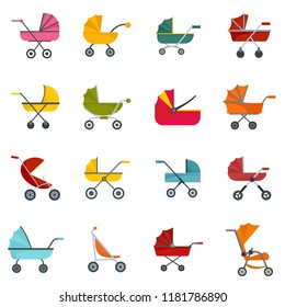 Pram stroller carriage cradle buggy icons set. Flat illustration of 16 pram stroller carriage cradle buggy vector icons for web