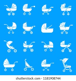 Pram stroller carriage cradle buggy icons set. Simple illustration of 16 pram stroller carriage cradle buggy vector icons for web