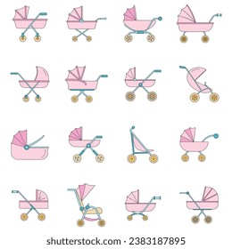 Juego de iconos de buggy de la cuna del carro del coche del coche del coche de Pram. Ilustración de esquema de 16 iconos vectoriales de carruaje de propileno de cuna de chapa color delgado plano sobre blanco