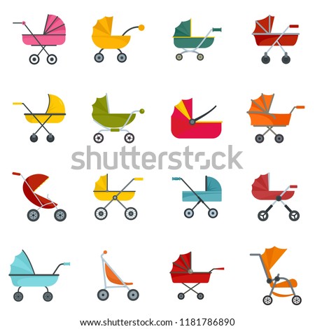 Pram stroller carriage cradle buggy icons set. Flat illustration of 16 pram stroller carriage cradle buggy vector icons for web