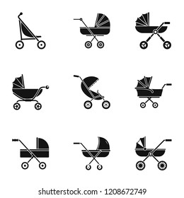 Pram stroller icon set. Simple set of 9 pram stroller vector icons for web design on white background