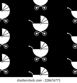 Pram symbol seamless pattern on black background. Vector illustration.