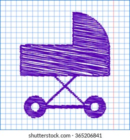Pram vector icon with pen and school paper effect 