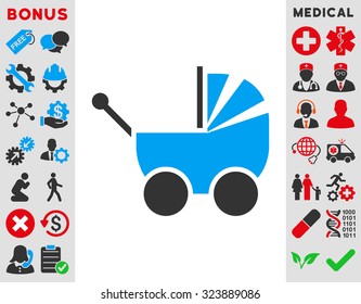 Pram vector icon. Style is bicolor flat symbol, blue and gray colors, rounded angles, white background.