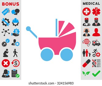 Pram vector icon. Style is bicolor flat symbol, pink and blue colors, rounded angles, white background.