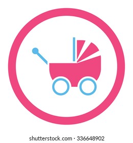 Pram vector icon. Style is bicolor flat rounded symbol, pink and blue colors, rounded angles, white background.