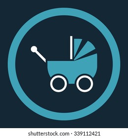Pram vector icon. Style is bicolor flat rounded symbol, blue and white colors, rounded angles, dark blue background.