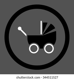 Pram vector icon. Style is bicolor flat rounded symbol, black and white colors, rounded angles, gray background.