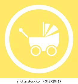 Pram vector icon. Style is flat rounded symbol, white color, rounded angles, yellow background.