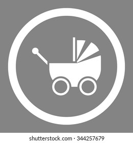 Pram vector icon. Style is flat rounded symbol, white color, rounded angles, gray background.