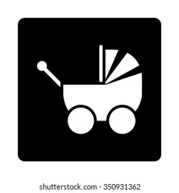 Pram vector icon. Style is flat rounded square button, white and black colors, white background.