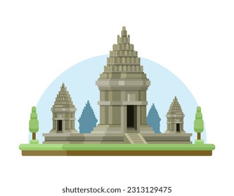 Prambanan Hindu Temple from Southern Java, Indonesia Flat Design Illustration Vector