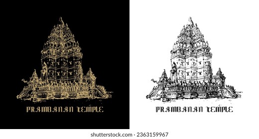 Prambanan Tempel Handgezeichnete Skizzengrafik in Vektorgrafik.
Hindu-Tempelanlage in der Sonderregion Yogyakarta, im Süden von Java, Indonesien