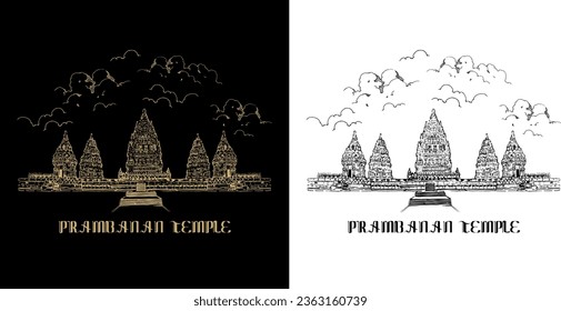 Prambanan Temple Hand drawn sketch illustration in vector.
Hindu temple compound in the Special Region of Yogyakarta, in southern Java, Indonesia