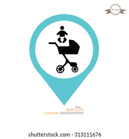 pram.pram with infant icon and map pointer.baby carriage.baby cart.vector illustration.