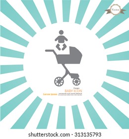 pram.pram with infant icon on sunburst background.baby carriage.baby cart.vector illustration.