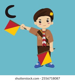 Pramuka boy sandi morse semaphore C a kid student