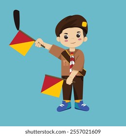 Pramuka boy sandi morse semaphore I a kid student a cartoon drawing of a boy holding a bat 