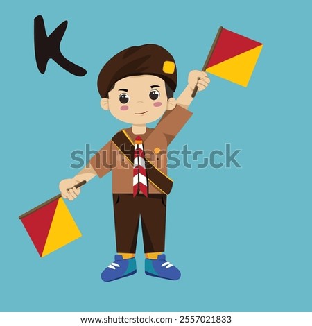 Pramuka boy sandi morse semaphore k a kid student a boy with a flag and a bird on his chest