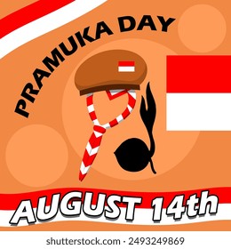 Pramuka day or Scout day event banner. A Scout hat, scout scarf, coconut shoot symbol, Indonesian flag and ribbons on brown background to celebrate on August 14th in Indonesia