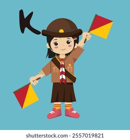 Pramuka girl sandi morse semaphore k a cartoon character with a flag and a girl holding a red flag