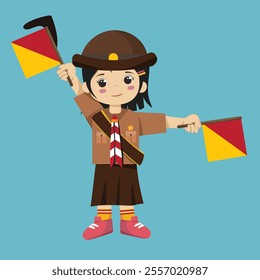 Pramuka girl sandi morse semaphore J a kid student a cartoon character with a flag and a girl holding a red and yellow flag