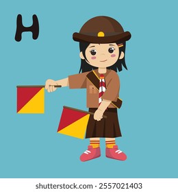 Pramuka girl sandi morse semaphore H a kid student a cartoon character with a letter m on his back