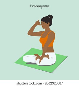 Pranayama breathing, meditation, relaxation.  Young woman sitting in a yoga pose.  Vector illustration.