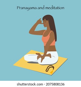 Pranayama breathing, meditation, relaxation.  Young woman sitting in a yoga pose.  Vector illustration.