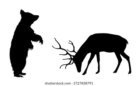 Oso de la lanza contra la ilustración de la silueta del Vector del ciervo aislada. El oso pardo en sus patas traseras ataca al alce con enormes astas. La bestia lucha por la comida. Superviviente del bosque depredador contra la sombra en forma de pato.