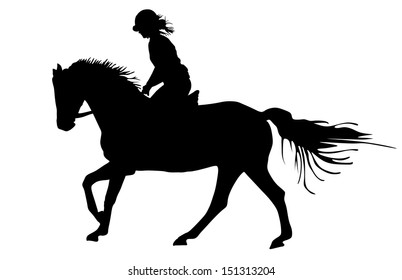 Prance horse black silhouette, vector illustration isolated on white background.Beautiful girl polo player in horse race. 
