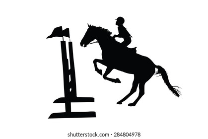 Prance horse black silhouette vector illustration isolated on white background. Show jumping. Jockey on a beautiful black horse jumps over the barrier.