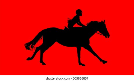 Prance horse black silhouette, vector illustration isolated on red background. Beautiful girl polo player in horse race.