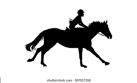 Prance horse black silhouette, vector illustration isolated on white background. Beautiful girl polo player in horse race.