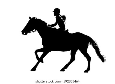 Prance horse black silhouette, vector illustration isolated on white background. Beautiful girl in horse race. Jockey in race. 