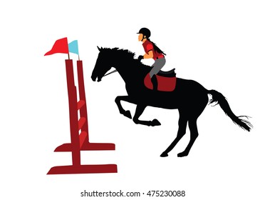 Prance horse black vector illustration isolated on white background. Show jumping. Jockey on a beautiful black horse jumps over the barrier.
