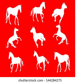 prance horse silhouette, vector illustration , horse race, isolated on red background, set of white horses silhouette, group of horses silhouette