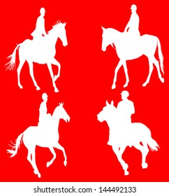prance horse silhouette, vector illustration , horse race, isolated on red background, set of white horses silhouette, group of horses silhouette
