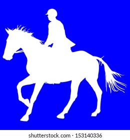 prance horse white silhouette, vector illustration , horse race, isolated on blue background, polo player.