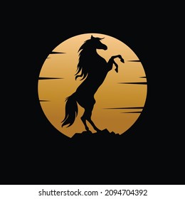 Prancing horse silhouette with Golden Full Moon Illustration logo design