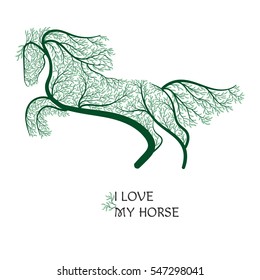 prancing horse stylized green bushes for use as logos on cards, in printing, posters, invitations, web design and other purposes.