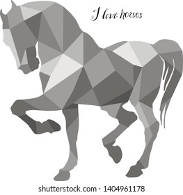 prancing horse, vector-isolated image in gray tones on a white background in the style of low poly and lettering 