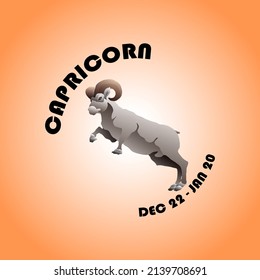 A prancing mountain goat with the tenth zodiac sign title: Capricon Dec 22 to Jan 20. Hand drawn vector illustration.