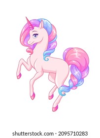 Prancing pink unicorn with colorful curly mane and braided tail. Vector illustration isolated on white background.