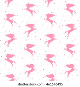 Prancing pink unicorn silhouette with uneven dots, specks, spots or blobs texture. Seamless vector pattern. Fairytale simple background. Mythical, fantasy, magic creature texture.