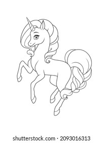 Prancing unicorn with curly mane and braided tail. Vector black and white illustration for coloring book page.