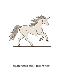 Prancing unicorn with long wavy mane. Stylized  illustration in cartoon style.