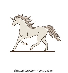 Prancing unicorn with long wavy mane. Stylized  illustration in cartoon style.