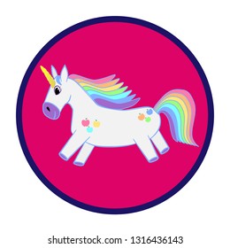 Prancing unicorn in a pink circle. Unicorn with a rainbow tail and mane. White horse in a multi-colored apples. Mythical animal.